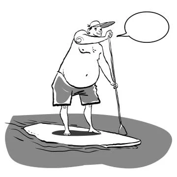 Fat man doing Stand Up Paddling on Paddle Board on Water at Seaside. Stock Illustration