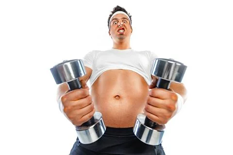 Fat man doing workout traning with dumbbells. Happy guy isolated over white Foto stock