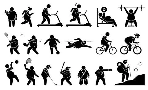 Fat man exercise at gym and playing sport for weight loss, fitness, and activ Stock-Illustration
