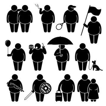 Fat Man Holding Using Various Objects Stick Figure Pictogram Icons Stock Illustration
