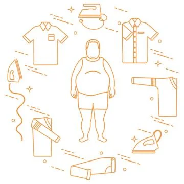 Fat man, irons and different clothes. Stock Illustration