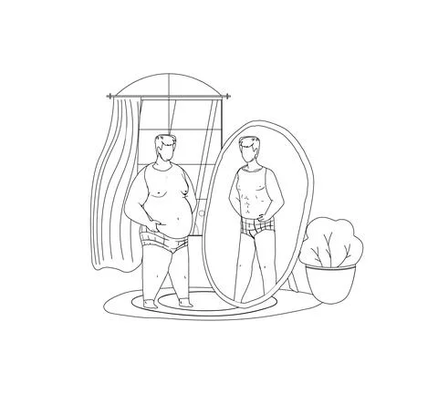 Fat man looking at mirror seeing slim athlete Stock Illustration