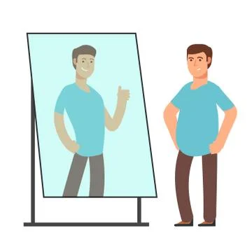 Fat man looking on strong and thin person reflection in mirror. Fitness goals 스톡 일러스트