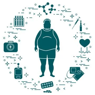 Fat man with medical devices, tools and drugs around him. Health and treatmen Stock Illustration