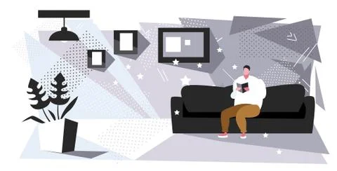 Fat man sitting on couch reading book obese guy relaxing with textbook on sofa Stock Illustration