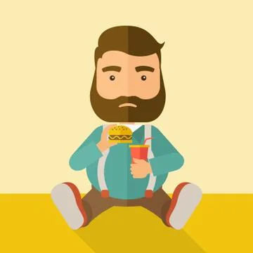 Fat man sitting while eating Stock Illustration