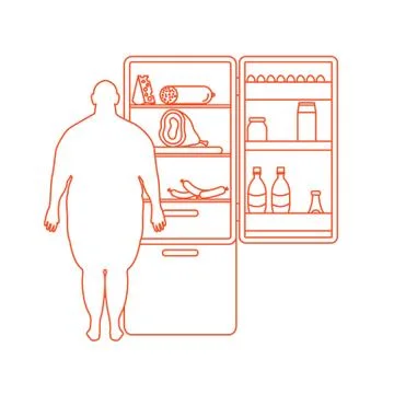 Fat man stands at the fridge full of food. Harmful eating habits. Illustrazione stock