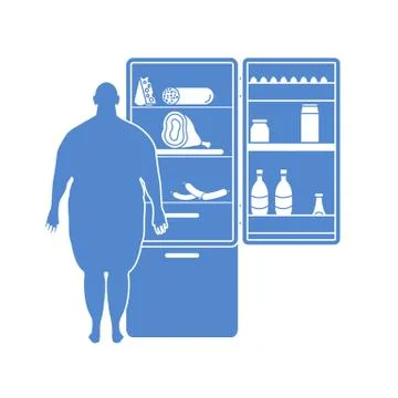 Fat man stands at the fridge full of food. Harmful eating habits. Illustrazione stock