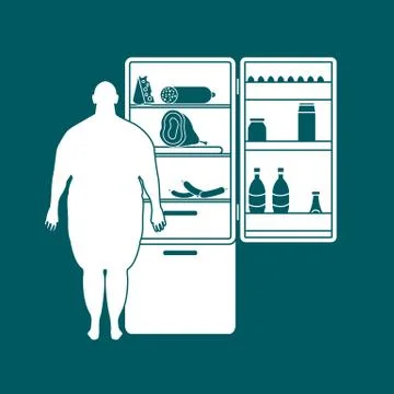 Fat man stands at the fridge full of food. Harmful eating habits. Illustrazione stock