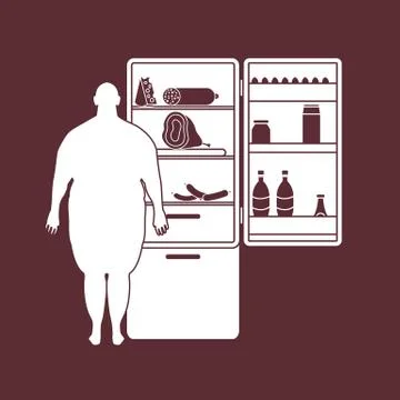 Fat man stands at the fridge full of food. Harmful eating habits. Illustrazione stock