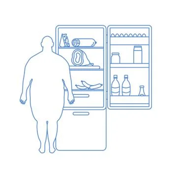 Fat man stands at the fridge full of food. Harmful eating habits. Illustrazione stock