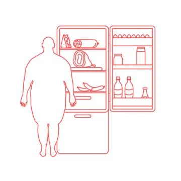 Fat man stands at the fridge full of food. Harmful eating habits. Illustrazione stock