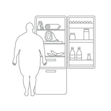 Fat man stands at the fridge full of food. Harmful eating habits. Illustrazione stock