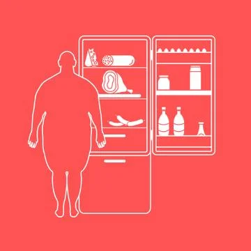 Fat man stands at the fridge full of food. Harmful eating habits. Illustrazione stock