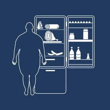 Fat man stands at the fridge full of food. Harmful eating habits. Illustrazione stock