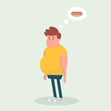 Fat man thinks about hot dog. Vector Illustration Illustrazione stock
