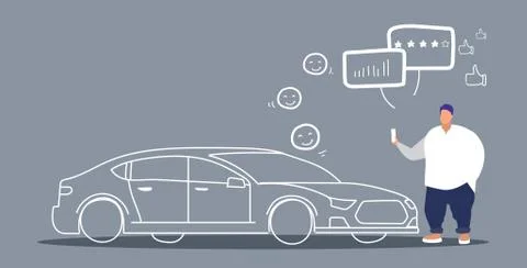 Fat man using mobile application leaves review of car sharing rental company 스톡 일러스트