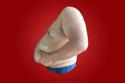 Fat man's body floating while holding his belly Fotos Stock