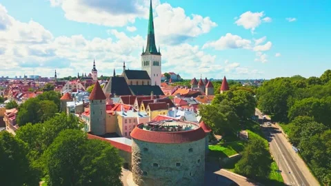 Fat Margaret and view of Upper Town in Tallinn from a drone Stock Footage 306826212
