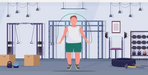 Fat obese man doing exercises with jumping rope overweight guy training workout Stock Illustration