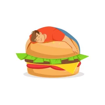 Fat obese man sleeping on a giant burger, bad habit vector Illustration Stock Illustration