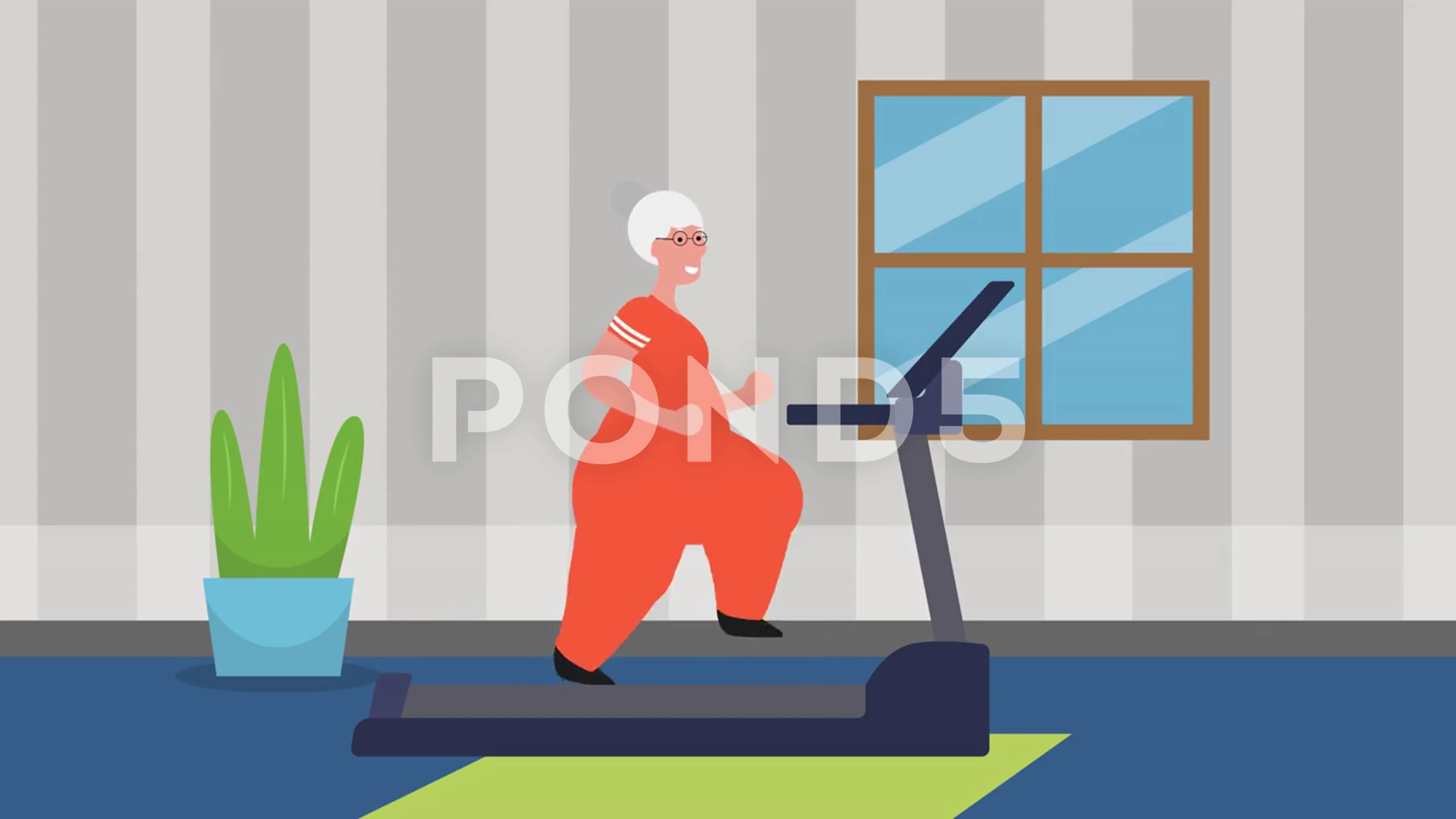 Fat old woman running in the treadmill