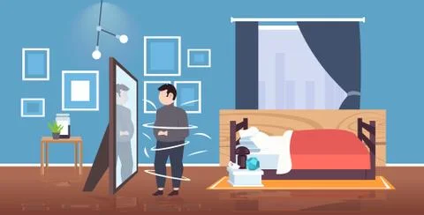 Fat overweight man looking at reflection in mirror sad obese guy unhealthy 스톡 일러스트