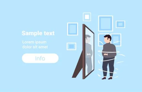 Fat overweight man looking at reflection in mirror sad obese guy unhealthy Stock Illustration