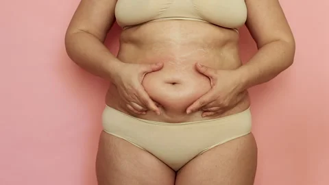 Unrecognizable Plump Overweight Woman Wearing Beige Underwear