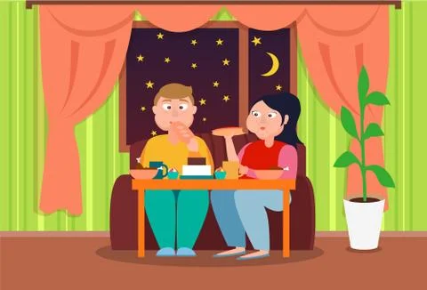 Fat Pair Eating at Deep Night Colorful Banner Stock Illustration
