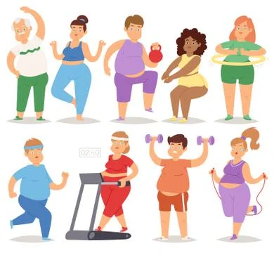 Fat people doing exercise training gym gymnasium sport fatty food rich character 库存插图