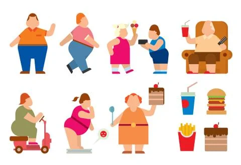 Fat people vector flat silhouette icons Stock Illustration