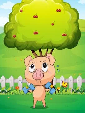 A fat pig exercising near the cherry tree Stock Illustration