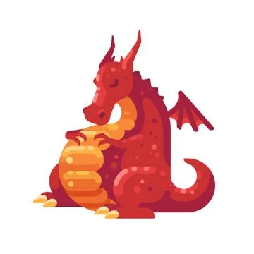 Fat red dragon sleeping. Fantasy creature flat illustration Stock Illustration