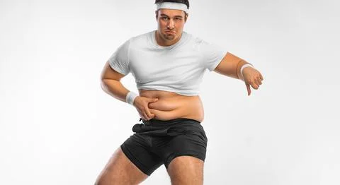 Fat sad man upset about being overweight. Guy want to lose weight and become a Stock Photos