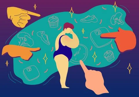 Fat shaming concept vector illustration. Sad plus size woman in swimwear had a Illustrazione stock