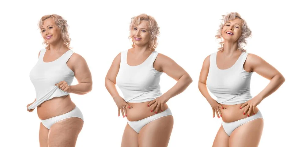 From fat to slim. Process of slimming plus size middle aged model. 스톡 사진