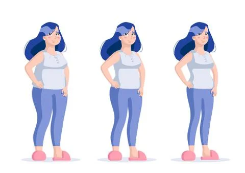 Fat Slim Woman Set. Before After Girl with Dumbbell Body Isolated White Backg Stock Illustration