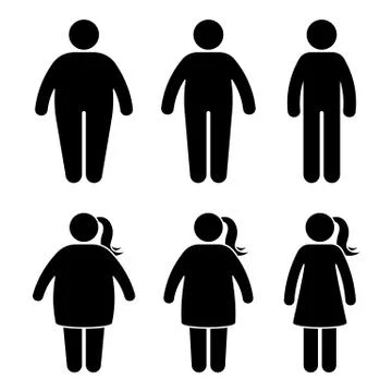 Fat stick figure vector icon set. Obese people couple black and white flat st Stock Illustration