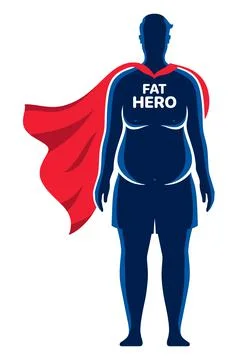 A fat superhero funny vector character with a waving red cloak, isolated on Stock-Illustration