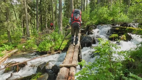 Fat tourist with a large backpack crosses a stormy mountain river in the forest Stock-Footage 246291932