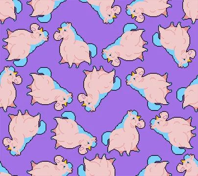 Fat Unicorn Pixel art Pattern seamless. 8 bit fleshy mythical animal Backgrou Stock Illustration