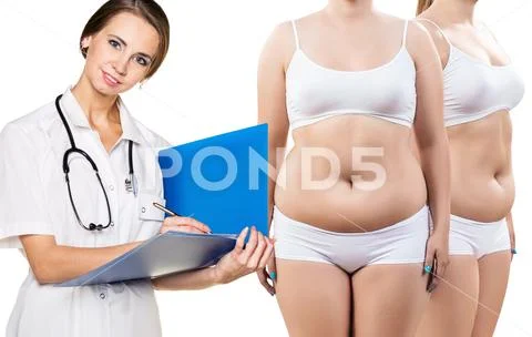 Fat woman at a reception with a nutritionist. Stock Photos