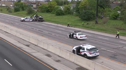 Fatal car accident scene on highway car cut in half and police investigating Stock Footage 51122091