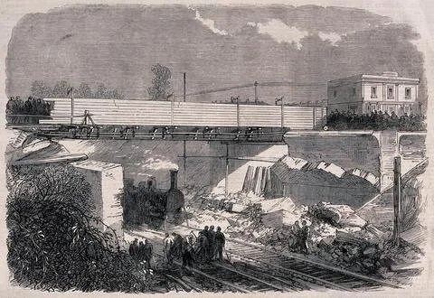 The fatal collapse of the Gloucester-Road bridge over the railway in West C.. Stock Illustration