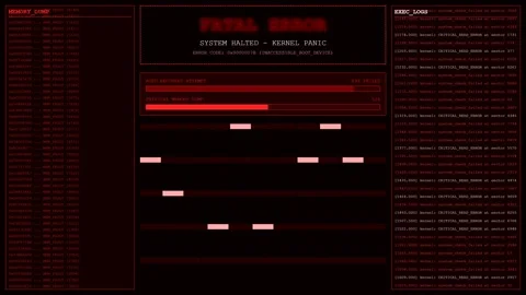 Fatal Error Kernel Panic Red System Crash Memory Dump Animation. Stock Footage 347140284