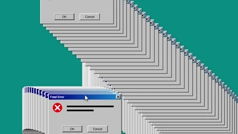 Fatal Error Message Multiplying Across a Retro Computer Screen Simulating a.. Stock Footage 347347527