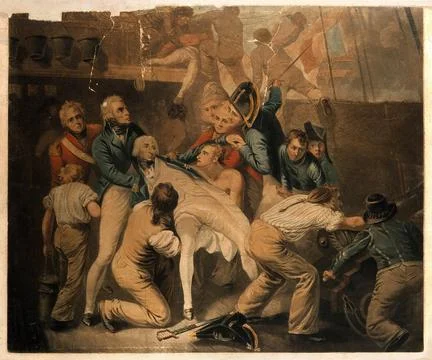 The fatal wounding of Lord Nelson on the deck of HMS Victory at the battle .. Stock Illustration