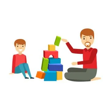 Father And A Boy Constructing From Blocks, Happy Family Having Good Time Stock Illustration