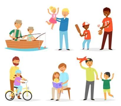 Father and child vector dad and kids daughter son playing fishing together Stock Illustration